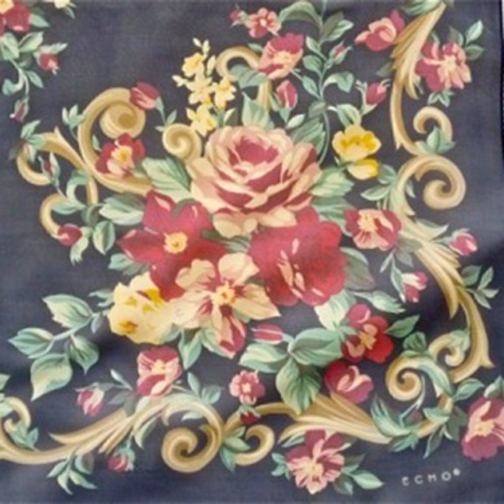 36" Echo Floral Chiffon Sheer Scarf-Navy -Italy